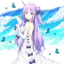 Rule 34 | 1girl, ahoge, animal, azur lane, bare shoulders, black bow, black ribbon, blue sky, blush, bow, breasts, bug, butterfly, closed mouth, cloud, cloudy sky, commentary, day, dress, elbow gloves, gloves, hair bun, hair ribbon, heart, insect, long hair, one side up, purple eyes, purple hair, ribbon, rocm (nkkf3785), side bun, single hair bun, single side bun, sky, sleeveless, sleeveless dress, small breasts, smile, solo, stuffed animal, stuffed toy, stuffed winged unicorn, twitter username, unicorn (azur lane), very long hair, white dress, white gloves