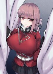 Rule 34 | 1girl, belt, belt buckle, braid, braided ponytail, breasts, buckle, cowboy shot, curtain grab, curtains, fate/grand order, fate (series), florence nightingale (fate), large breasts, long hair, looking to the side, military uniform, pink eyes, pink hair, pleated skirt, skirt, smile, solo, tettsui kusuru, uniform