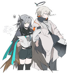 Rule 34 | 1boy, 1girl, arknights, belt, black cape, black pants, black shorts, black thighhighs, blue eyes, cape, chinese commentary, chinese text, closed mouth, commentary request, doctor (arknights), executor (arknights), feather hair, feathers, frown, gloves, green eyes, grey hair, grey jacket, grey shirt, greythroat (arknights), hair ornament, halo, high collar, highres, holding, holding paper, jacket, ling s, long sleeves, mechanical halo, medium hair, pants, paper, profile, shirt, short hair, shorts, simple background, single glove, solo, thighhighs, translation request, white background, white gloves