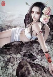 Rule 34 | 1girl, arm support, black hair, flower, hair flower, hair ornament, lips, long hair, looking at viewer, midriff, miniskirt, navel, navel piercing, piercing, signature, skirt, solo, strapless, tattoo, tube top, water, zhang xiaobai