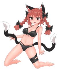 Rule 34 | 1girl, animal ears, bikini, black bikini, black bow, black tail, blush, bow, braid, breasts, cat ears, cat tail, chups, cleavage, extra ears, full body, hair bow, highres, holding tail, kaenbyou rin, looking at viewer, multiple tails, nail polish, navel, open mouth, red eyes, red hair, red nails, seiza, short hair, simple background, sitting, solo, sweat, swimsuit, tail, touhou, twin braids, two tails, white background