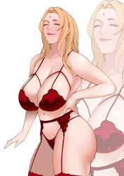 Rule 34 | 1girl, absurdres, arm at side, armpits, blonde hair, blush, bra, breasts, cleavage, cowboy shot, facial mark, female focus, forehead mark, garter belt, garter straps, groin, half-closed eyes, hand on own hip, highres, huge breasts, jnsdh, legs, lingerie, long hair, looking at viewer, naruto, naruto (series), navel, panties, red bra, red panties, seductive smile, simple background, smile, solo, standing, thighs, tsunade (naruto), underwear, underwear only, zoom layer
