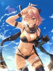 Rule 34 | 1girl, ahoge, armpits, asymmetrical gloves, bikini, black bikini, black bow, black gloves, black scarf, black thighhighs, blue sky, bow, breasts, cleavage, cloud, cold (hoshinoskull), cowboy shot, day, elbow gloves, fate/grand order, fate (series), gloves, hair bow, half updo, highleg, highleg bikini, medium breasts, multi-strapped bikini, navel, okita j. souji (fate), okita j. souji (first ascension) (fate), okita souji (fate), okita souji (koha-ace), one eye closed, pink hair, scarf, single elbow glove, single glove, sky, solo, standing, swimsuit, thigh strap, thighhighs, uneven gloves, water, yellow eyes