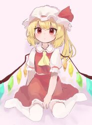 Rule 34 | 1girl, :c, ameshi (rzuw4482), arm support, ascot, between legs, blonde hair, blush, closed mouth, crystal, dot nose, expressionless, flandre scarlet, frilled sleeves, frills, full body, hand between legs, hat, highres, long hair, looking at viewer, mob cap, no shoes, one side up, pink background, puffy short sleeves, puffy sleeves, red eyes, red skirt, red vest, short sleeves, sitting, skirt, skirt set, solo, straight-on, thighhighs, touhou, vest, wariza, white hat, white thighhighs, wings, yellow ascot, zettai ryouiki