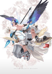 Rule 34 | 3girls, armor, armored dress, bare shoulders, blue eyes, breasts, brown eyes, cleavage, crossover, emmmerald, feathered wings, greaves, gwendolyn (odin sphere), highres, lenneth valkyrie, light valkyrie (p&amp;d), looking at viewer, midair, multiple crossover, multiple girls, odin sphere, parted lips, polearm, puzzle &amp; dragons, serious, shield, spear, sword, tiara, valkyrie, valkyrie (p&amp;d), valkyrie profile (series), visor (armor), weapon, white hair, wings