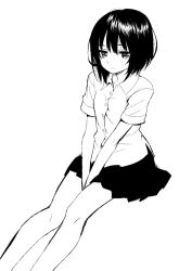 Rule 34 | 1girl, ama-tou, bare legs, between legs, buttons, collar, collarbone, collared shirt, expressionless, eyelashes, greyscale, hand between legs, highres, lineart, looking to the side, monochrome, original, shirt, short hair, short sleeves, simple background, sitting, skirt, solo, white background