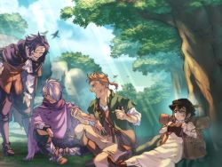 Rule 34 | 1girl, 3boys, alfyn (octopath traveler), angry, black hair, blonde hair, boots, brown hair, cape, closed eyes, cyrus (octopath traveler), dress, forest, gloves, hair between eyes, hat, highres, jewelry, komame (st beans), long hair, multiple boys, nature, octopath traveler, octopath traveler i, one eye closed, open mouth, ponytail, scarf, short hair, smile, therion (octopath traveler), tressa (octopath traveler)