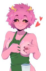 Rule 34 | 1girl, absurdres, apron, ashido mina, bare shoulders, barista, black sclera, blush, boku no hero academia, breasts, clothes pull, collarbone, colored sclera, colored skin, dashi (dashiart), ear piercing, green apron, highres, horns, iced latte with breast milk (meme), large breasts, looking at viewer, meme, messy hair, naked apron, nipples, no bra, one breast out, piercing, pink hair, pink skin, purple skin, short hair, smile, solo, spiked hair, yellow eyes, yellow horns