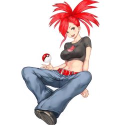 Rule 34 | 1girl, belt, black shirt, breasts, commentary request, covered erect nipples, creatures (company), crop top, denim, flame print, flannery (pokemon), game freak, gym leader, jeans, long hair, looking at viewer, midriff, navel, nintendo, open mouth, pants, poke ball, poke ball (basic), pokemon, pokemon rse, ponytail, red eyes, red hair, shirt, shoes, shu-mai, sitting, smile, solo, white background
