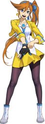 Rule 34 | 1girl, absurdres, ace attorney, adjusting clothes, adjusting gloves, athena cykes, black pantyhose, blue eyes, blue necktie, boots, crescent, crescent earrings, cropped jacket, earrings, full body, fuse takuro, gloves, hair between eyes, hair ribbon, highres, jacket, jewelry, long hair, looking at viewer, miniskirt, necktie, official art, orange hair, pantyhose, partially fingerless gloves, phoenix wright: ace attorney - spirit of justice, ribbon, side ponytail, single earring, single glove, skirt, solo, transparent background, yellow jacket, yellow skirt