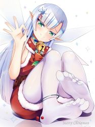 Rule 34 | 1girl, absurdres, anklet, fairy, fairy wings, feet, green eyes, hair ornament, highres, jewelry, long hair, looking at viewer, no shoes, otono fei, pointy ears, see-through, see-through legwear, silver hair, smile, soles, toes, white legwear, wings