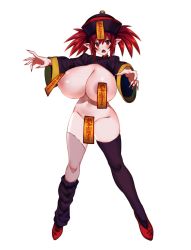 Rule 34 | 1girl, asymmetrical legwear, black headwear, black thighhighs, blush, bottomless, breasts, commentary request, fingernails, flats, full body, groin, hair between eyes, huge breasts, jiangshi, long sleeves, looking at viewer, loose socks, marota, nail polish, navel, ofuda, open mouth, outstretched arms, pointy ears, red eyes, red footwear, red hair, red nails, sharp fingernails, short hair, shrug (clothing), sidelocks, simple background, single sock, single thighhigh, socks, solo, standing, stitches, stomach, succubus puttel, thighhighs, twintails, uneven legwear, white background, wide sleeves, zombie pose