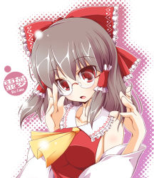 Rule 34 | 1girl, adjusting eyewear, altivr, bespectacled, bow, brown hair, character name, detached sleeves, female focus, glasses, hakurei reimu, japanese clothes, kanzaki sora, miko, red eyes, short hair, solo, touhou