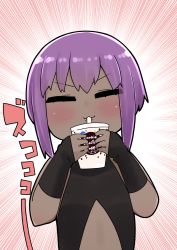 Rule 34 | 1girl, bare shoulders, black bodysuit, blush, bodysuit, chibi, closed eyes, closed mouth, cup, dark-skinned female, dark skin, disposable cup, drinking straw, facing viewer, fate/prototype, fate/prototype: fragments of blue and silver, fate (series), hassan of serenity (fate), highres, holding, holding cup, i.u.y, purple hair, solo, translation request, upper body, v-shaped eyebrows