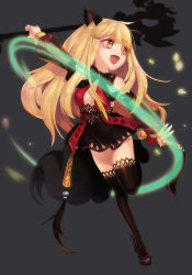 Rule 34 | 10s, 1girl, animal ears, blade &amp; soul, blonde hair, breasts, detached sleeves, dress, grey background, high heels, long hair, lyn (blade &amp; soul), magic, open mouth, see-through, shoes, simple background, small breasts, smile, solo, staff, standing, standing on one leg, tail, thighhighs, weapon, wolf ears, yellow eyes