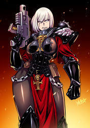 Rule 34 | .75 calibre bolt, 1girl, adepta sororitas, ammunition, anti-materiel cartridge, armor, bolt (warhammer 40k), bolt pistol, bolter, breasts, chain, commentary, embers, english commentary, fleur-de-lis, frown, gun, high-explosive cartridge, highres, holding, holding gun, holding weapon, leggings, looking to the side, pauldrons, pouch, power armor, revealing clothes, rocket-assisted projectile, rosary, ryuusei (mark ii), scar, scar across eye, scar on face, shoulder armor, sideboob, signature, skull, solo, warhammer 40k, weapon, white hair, window magazine