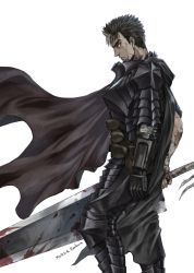 Rule 34 | 1boy, armor, bandages, berserk, black armor, black hair, blood, bloody weapon, cape, commentary request, from side, guts (berserk), highres, holding, holding sword, holding weapon, jun (rellik &amp; redrum), long sword, looking afar, male focus, mechanical arms, multicolored hair, signature, simple background, single mechanical arm, solo, standing, streaked hair, sword, weapon, white background