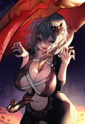 Rule 34 | 1girl, ;q, alternate costume, between breasts, blue eyes, blue hair, blush, bow, breasts, claw pose, cleavage, collarbone, commentary request, eyelashes, fingernails, hair between eyes, halloween, halloween costume, highres, holding, holding umbrella, jack-o&#039;-lantern, joker (stjoker), karakasa obake, large breasts, looking at viewer, nail polish, one eye closed, open mouth, red nails, sharp fingernails, short hair, solo, standing, striped, striped bow, tatara kogasa, teeth, tongue, tongue out, touhou, tree, twitter username, umbrella, upper body, upper teeth only