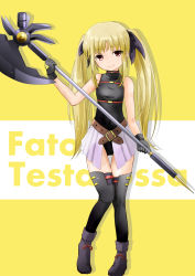 Rule 34 | 1girl, axe, ban (777purin), bardiche (axe form) (nanoha), bardiche (nanoha), battle axe, belt, belt bra, black footwear, black gloves, black leotard, black ribbon, black thighhighs, blonde hair, brown belt, character name, closed mouth, commentary, english text, engrish text, fate testarossa, fate testarossa (movie 1st form), full body, gloves, hair ribbon, highres, holding, holding weapon, leotard, long hair, looking at viewer, lyrical nanoha, magical girl, mahou shoujo lyrical nanoha, mahou shoujo lyrical nanoha the movie 1st, miniskirt, pink skirt, pleated skirt, ranguage, red eyes, ribbon, shadow, shoes, sidelocks, skirt, sleeveless, smile, solo, standing, text background, thigh gap, thighhighs, twintails, weapon, yellow background