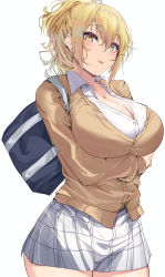 Rule 34 | 1girl, :p, absurdres, bag, blonde hair, breasts, cleavage, commentary request, hair between eyes, highres, large breasts, long sleeves, looking at viewer, love live!, love live! nijigasaki high school idol club, miyashita ai, namazu (yamasonson), plaid, plaid skirt, shirt, short hair, simple background, skirt, solo, thighs, tongue, tongue out, white background, white shirt, white skirt, yellow eyes