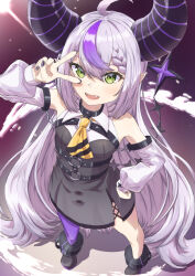 Rule 34 | 1girl, ahoge, ankle cuffs, ascot, bare shoulders, black horns, black nails, braid, braided bangs, detached sleeves, fangs, grey hair, highres, hololive, horns, la+ darknesss, la+ darknesss (1st costume), long hair, multicolored hair, pointy ears, purple hair, purple thighhighs, qussie, single thighhigh, sleeves past fingers, sleeves past wrists, streaked hair, striped horns, thighhighs, virtual youtuber, yellow ascot, yellow eyes