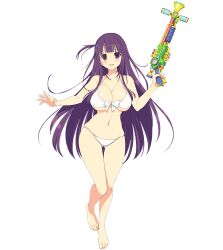 bikini breasts front-tie_bikini_top front-tie_top gluteal_fold hair_ornament hairclip highres holding holding_water_gun kagurazaka_rinka large_breasts long_hair looking_at_viewer navel official_art open_mouth purple_eyes purple_hair senran_kagura senran_kagura_peach_beach_splash simple_background smile swimsuit valkyrie_drive valkyrie_drive_-bhikkhuni- water_gun white_bikini yaegashi_nan