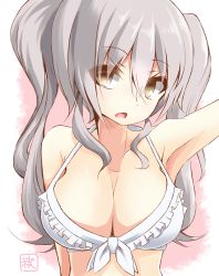 Rule 34 | 10s, 1girl, alternate costume, armpits, bad id, bad pixiv id, bra, breasts, brown eyes, cleavage, commentary request, grey hair, hand up, highres, kantai collection, kashima (kancolle), large breasts, long hair, looking at viewer, open mouth, sakakiba misogi, solo, twintails, underwear, upper body, white bra