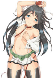 Rule 34 | 10s, 1girl, animal collar, black hair, black thighhighs, blouse, blue eyes, blush, breasts, collar, commentary request, esuto, fingerless gloves, gloves, hair ribbon, highres, jewelry, kantai collection, katsuragi (kancolle), lying, messy hair, navel, nipples, on back, open clothes, open shirt, ribbon, ring, sex toy, shirt, single glove, small breasts, solo, thighhighs, vibrator, wavy mouth, wedding band, wedding ring, white shirt, zettai ryouiki