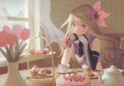 Rule 34 | 1girl, amanohoshi chiroru, asymmetrical gloves, black gloves, black necktie, blonde hair, cake, chair, clothing cutout, cookie, cup, cupcake, curtains, day, dessert, dress, elbow gloves, elbow rest, flower, food, fujie-yz, gloves, hair flower, hair ornament, head rest, highres, indoors, long hair, looking at viewer, macaron, necktie, pink flower, propro production, purple dress, purple eyes, side cutout, single elbow glove, sitting, solo, table, teacup, teapot, tulip, vase, virtual youtuber, wind, window