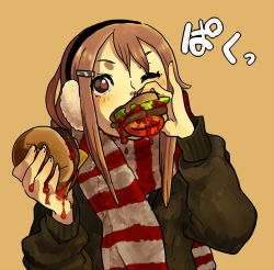 Rule 34 | 1girl, blush, brown eyes, brown hair, earmuffs, eating, food, hair ornament, hairclip, burger, highres, holding, holding food, ketchup, messy, nara (sikasika), one eye closed, original, pinky out, scarf, simple background, solo, sweater, yellow background
