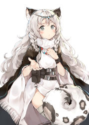 Rule 34 | 1girl, animal ear fluff, animal ears, arknights, belt, blush, bracelet, braid, capelet, circlet, cloak, grey eyes, highres, jewelry, long hair, looking at viewer, messy hair, necklace, outstretched hand, pouch, pramanix (arknights), side slit, simple background, situmey, solo, tail, thighhighs, thighs, white background, white hair, wristband