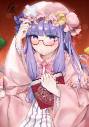 Rule 34 | 1girl, :&lt;, absurdres, arm up, bespectacled, blue ribbon, blunt bangs, blush, book, bow, bowtie, closed mouth, commentary request, crescent, crescent hat ornament, crossed bandaids, dress, flua (fee de la), frills, frown, glasses, hat, hat ornament, hat ribbon, highres, holding, holding book, long hair, looking at viewer, mob cap, patchouli knowledge, pink bow, pink bowtie, purple eyes, purple hair, red-framed eyewear, red ribbon, ribbon, robe, solo, squiggle, striped clothes, striped dress, touhou, wide sleeves