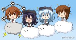 Rule 34 | &gt; &lt;, 4girls, :3, :d, akatsuki (kancolle), anchor symbol, black headwear, black legwear, black sailor collar, black skirt, blue background, blue eyes, blue hair, blush, brown eyes, brown hair, chestnut mouth, chibi, closed eyes, closed mouth, cloud, commentary request, cossack dance, dancing, dumbbell, eighth note, fang, flat cap, flying sweatdrops, folded ponytail, hair between eyes, hair ornament, hairclip, hat, hibiki (kancolle), holding, ikazuchi (kancolle), inazuma (kancolle), kantai collection, lightning bolt symbol, long hair, long sleeves, looking at viewer, mitsudomoe (shape), mitya, multiple girls, musical note, neckerchief, open mouth, pantyhose, parted lips, pleated skirt, purple hair, quarter note, red neckerchief, remodel (kantai collection), sailor collar, school uniform, serafuku, shirt, sidelocks, simple background, skirt, smile, solid circle eyes, sweatdrop, teardrop, tomoe (symbol), translation request, twitter username, very long hair, white shirt