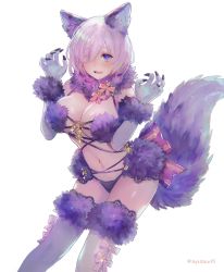Rule 34 | 1girl, :d, animal ears, blush, bow, breasts, bright pupils, cleavage, cowboy shot, detached collar, elbow gloves, fate/grand order, fate (series), flying sweatdrops, fur-trimmed legwear, fur collar, fur trim, glint, gloves, hair over one eye, hands up, lace, lace-trimmed legwear, lace trim, large breasts, leaning forward, looking at viewer, mash kyrielight, mash kyrielight (dangerous beast), navel, official alternate costume, open mouth, purple bow, purple eyes, purple gloves, purple hair, revealing clothes, short hair, shutsuri, simple background, smile, solo, standing, stomach, tail, tareme, thighhighs, twitter username, w arms, white background, wolf ears, wolf tail