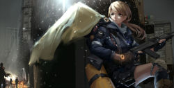 Rule 34 | 1girl, belt, black gloves, black socks, blonde hair, boots, brown eyes, building, character request, closed mouth, doren, explosion, eyelashes, finger on trigger, fire, frown, gloves, glowing, grey sky, gun, hiding, highres, holding, holding gun, holding weapon, knee pads, kneehighs, long hair, long sleeves, looking to the side, on one knee, outdoors, shorts, sky, snowing, socks, soldier, solo focus, string, swept bangs, tom clancy&#039;s the division, weapon, wind
