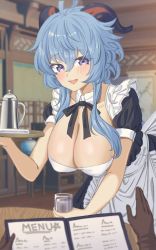 Rule 34 | 1girl, 1other, ahoge, apron, black bow, black gloves, blue hair, blush, bow, breasts, cleavage, cup, drinking glass, ganyu (genshin impact), genshin impact, gloves, highres, horns, indoors, large breasts, long hair, looking at viewer, maid, maid apron, menu board, o-los, open mouth, pov, purple eyes, sidelocks, smile, table, tray