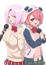 2girls animal_hood blush bow bowtie breasts cardigan earrings flat_chest half-closed_eyes holding holding_microphone hood hood_up hoodie jewelry large_breasts long_hair looking_at_viewer low_ponytail microphone multiple_girls nijisanji open_clothes open_hoodie open_mouth pink_eyes pink_hair pleated_skirt sasaki_saku sasaki_saku_(1st_costume) senzoc shiina_yuika shiina_yuika_(1st_costume) short_hair simple_background skirt smile white_background