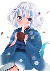 Rule 34 | 1girl, :3, absurdres, agaki anko, blue eyes, blue hair, blue kimono, blush, bowl, closed mouth, commentary request, eating, feet out of frame, fins, fish tail, floral print, food, gawr gura, hands up, highres, holding, holding bowl, hololive, hololive english, japanese clothes, kimono, long sleeves, mochi, multicolored hair, obi, petals, print kimono, sash, shark tail, silver hair, simple background, solo, streaked hair, tail, two side up, virtual youtuber, white background, wide sleeves