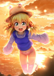 Rule 34 | &gt; &lt;, 1girl, :d, backlighting, blonde hair, blue vest, bow, bow panties, child, closed eyes, cloud, cross-laced clothes, eyebrows, full body, green eyes, hair ornament, hair ribbon, hat, highres, jumping, lens flare, light particles, long sleeves, looking at viewer, moriya suwako, no pants, open mouth, orange sky, outdoors, panties, pink panties, red ribbon, ribbon, shirt, shoes, sidelocks, sinzen, sky, smile, solo, sun, thighhighs, touhou, tree, tress ribbon, turtleneck, underwear, vest, white footwear, white shirt, white thighhighs, wide sleeves, yellow eyes