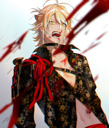 Rule 34 | 1boy, animal ears, antenna hair, armor, blonde hair, blood, breasts, choker, commentary, extra ears, fangs, highres, jacket, japanese armor, japanese clothes, long sleeves, looking at viewer, pectoral cleavage, male focus, medium hair, nansen ichimonji, navel, open mouth, pectorals, shoulder armor, sidelocks, simple background, solo, stomach, teeth, tongue, tongue out, touken ranbu, upper body, vient, yellow eyes