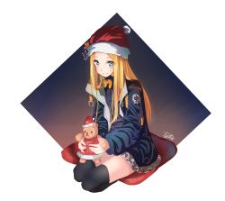 Rule 34 | 1girl, abigail williams (fate), abigail williams (traveling outfit) (fate), black bow, black dress, black thighhighs, blonde hair, blue eyes, blush, bow, christmas, closed mouth, commentary request, cushion, dress, fate/grand order, fate (series), forehead, frilled jacket, frills, hair bow, hat, heroic spirit traveling outfit, highres, holding, holding stuffed toy, jacket, long hair, long sleeves, looking at viewer, official alternate costume, open clothes, open jacket, orange bow, parted bangs, polka dot, polka dot bow, pyuduck, red hat, santa hat, seiza, signature, sitting, smile, solo, stuffed animal, stuffed toy, teddy bear, thighhighs, very long hair, zabuton