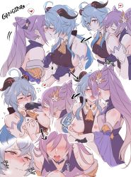 Rule 34 | 2girls, ahoge, bell, black gloves, blue hair, blush, breast sucking, breasts, closed eyes, closed mouth, cone hair bun, cowbell, detached sleeves, faceless, faceless female, ganyu (genshin impact), genshin impact, gloves, goat horns, hair bun, heart, heavy breathing, highres, horns, hug, hug from behind, keqing (genshin impact), kiss, large breasts, long hair, multiple girls, neck bell, negom, nipple stimulation, nipple tweak, nipples, open mouth, purple eyes, purple hair, saliva, simple background, spoken heart, sweat, tongue, tongue out, twintails, white background, yuri