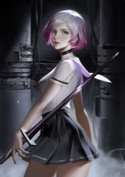 Rule 34 | 1girl, black choker, black nails, black skirt, blouse, breasts, choker, closed mouth, commentary request, cowboy shot, fingernails, from side, ginxiee, gradient hair, grey eyes, highres, holding, holding sword, holding weapon, lips, looking at viewer, medium breasts, multicolored hair, nail polish, nose, original, parted lips, pink hair, pleated skirt, red lips, sailor collar, school uniform, serafuku, shirt, short sleeves, skirt, solo, standing, sword, weapon, white hair, white sailor collar, white shirt