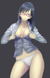 Rule 34 | 1girl, bad id, bad pixiv id, black hair, breasts, dress shirt, glasses, grey background, hidezi, large breasts, long hair, looking at viewer, open clothes, open shirt, original, panties, red eyes, shirt, smile, solo, underwear, white panties