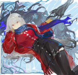 Rule 34 | 1girl, abstract, ahoge, arknights, belt, black skirt, black thighhighs, blue scarf, closed mouth, coat, garter straps, high-waist skirt, highres, jewelry, long hair, long sleeves, monster, necklace, official alternate costume, open clothes, open coat, red coat, red eyes, red shirt, scarf, shirt, silver hair, skadi (arknights), skadi the corrupting heart (arknights), skirt, solo, thighhighs, very long hair, zettai ryouiki