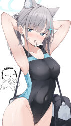 Rule 34 | 1boy, 1girl, animal ear fluff, animal ears, armpits, arms behind head, doodle sensei (blue archive), bag, blue archive, blue eyes, blue halo, breasts, competition swimsuit, covered navel, cross hair ornament, grey hair, hair ornament, halo, highres, looking at viewer, medium breasts, mouth hold, official alternate costume, one-piece swimsuit, ponytail, sensei (blue archive), shiroko (blue archive), shiroko (swimsuit) (blue archive), simple background, solo focus, swimsuit, wet, wet clothes, wet swimsuit, white background, yuukun mk-ii