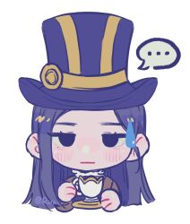 Rule 34 | ..., 1girl, blush, caitlyn (league of legends), cropped torso, cup, hat, highres, holding, holding cup, league of legends, long hair, multicolored clothes, multicolored hat, purple hat, ruan chen yue, simple background, solo, spoken ellipsis, sweatdrop, teacup, top hat, transparent background