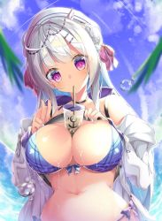 Rule 34 | 1girl, ahoge, azur lane, bikini, blush, bow, breasts, bubble tea, bubble tea challenge, cleavage, commentary request, cup, cygnet (azur lane), cygnet (sea star on shore) (azur lane), drinking, drinking straw, hair bun, hair ornament, hairclip, hat, large breasts, long hair, looking at viewer, mitsuhamochi, nail polish, navel, pink eyes, purple bow, ribbon, silver hair, single hair bun, solo, swimsuit, unbuttoned, unbuttoned shirt, water drop