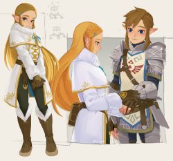 Rule 34 | 1boy, 1girl, armor, artist name, belt, blonde hair, blue eyes, blue ribbon, boots, braid, brown belt, brown footwear, brown gloves, brown pants, capelet, closed mouth, egg, fingerless gloves, full body, fur collar, gloves, grey background, hair ornament, hairclip, highres, hyrule warriors: age of calamity, ivy (sena0119), knee boots, link, long hair, long sleeves, nintendo, no headwear, own hands together, pants, parted bangs, pouch, princess zelda, ribbon, shoulder plates, smile, terrako, the legend of zelda, the legend of zelda: breath of the wild, triforce, winter clothes