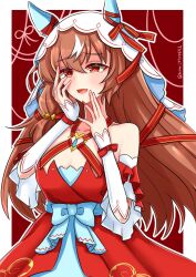 Rule 34 | 1girl, animal ears, blush, breasts, brown hair, cleavage, collarbone, fingernails, hair between eyes, hair ornament, hand on own cheek, hand on own face, highres, horse ears, horse girl, koine29709652, looking at viewer, medium breasts, open mouth, red background, red eyes, ribbon, solo, still in love (umamusume), twitter username, umamusume, veil